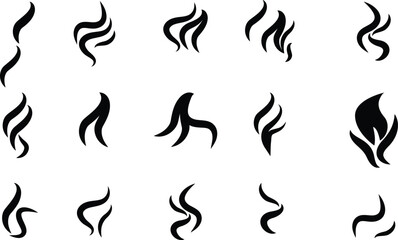 Smoke steam icon vector logo set. Smoke smell, steam aroma heat icon illustration. Hot vapor fire doodle line logo. Hit stink, coffee, fragrance flame elements. Vector illustration.