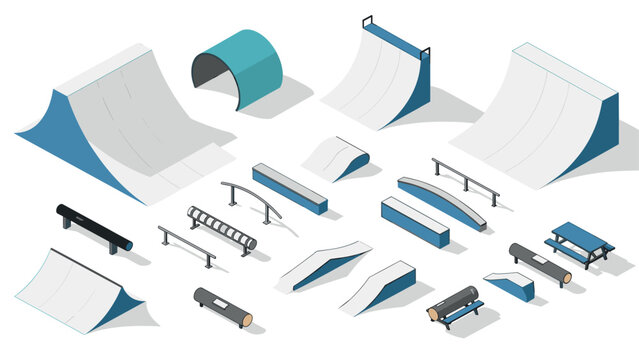 Isometric skate park elements including ramps, rails, and platforms for design projects