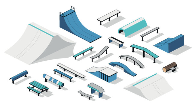 Isometric skate park elements including ramps and rails