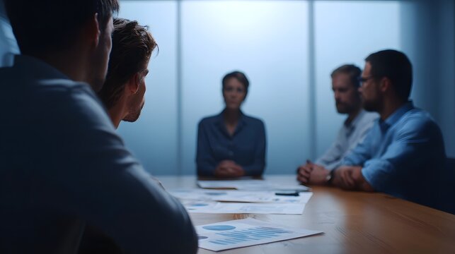 A business team collaborating around a conference table reviewing charts and data during a focused meeting - Powered by Adobe