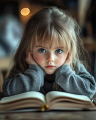 Thoughtful Cute Girl with Blue Eyes Reading Book Portrait