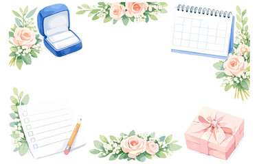 Wedding planning essentials with floral accents: ring, calendar, checklist, gift box