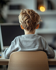 Slouched Blond Boy Back View at Laptop Computer Desk