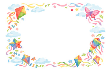 Colorful kite and butterfly border with clouds and flowers