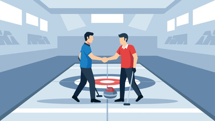Teamwork on the ice: curling players shaking hands in indoor rink