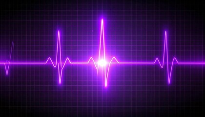 Vibrant purple neon heart rate monitor pulse on a dark grid background with a glowing central flare