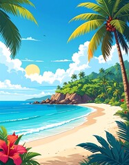 Tropical Beach Paradise - A Vibrant Coastal Escape Illustration.