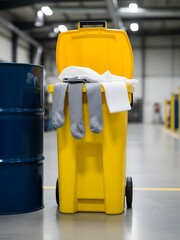 Safety equipment on a yellow cart in an industrial warehouse setting