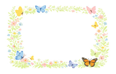 Floral border with colorful butterflies on pastel background