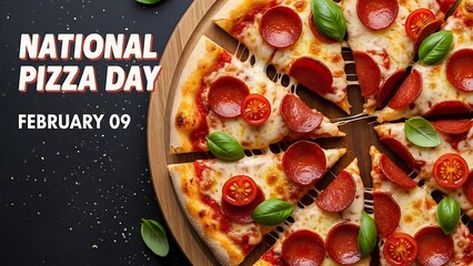 Celebrate the joy of America's favorite comfort food with a graphic announcing national pizza day on february ninth featuring a delicious close up of a freshly baked pepperoni pizza.