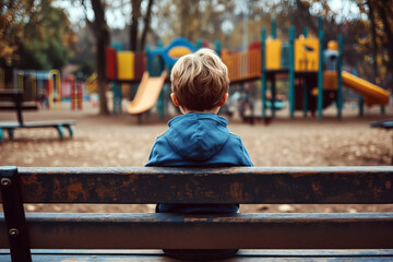 Lonely Blond Boy Back View on Playground Bench Park
