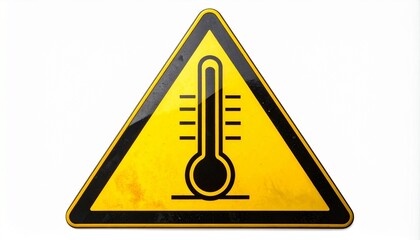 Yellow triangular warning sign with a black thermometer icon isolated on a white background