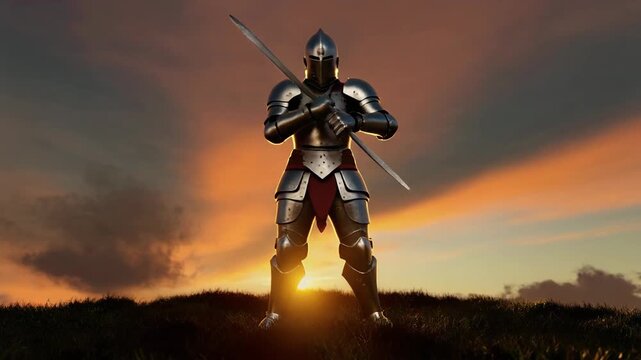 Armored knight posing heroically at sunset