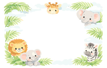 Fototapeta premium Cute safari animals frame with lion, elephant, giraffe, zebra, and leaves