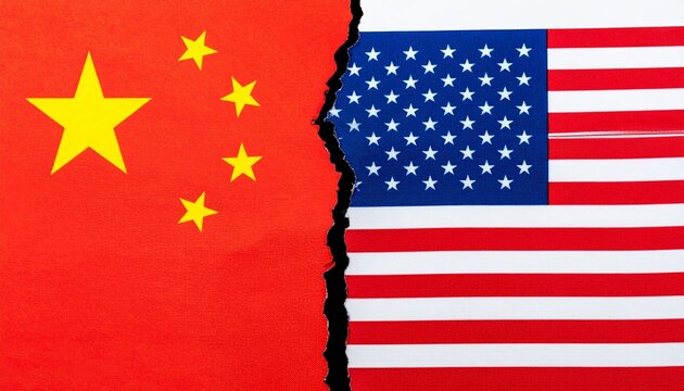Torn paper effect dividing the national flags of China and the United States symbolizing diplomatic and economic rift
