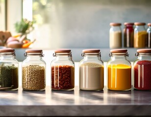 a row of glass jars filled with various colorful ingredients neatly arranged on a countertop illuminated by soft natural light