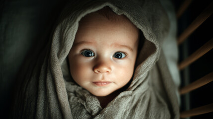 Newborn Baby Blue Eyes in Hooded Blanket Crib Portrait