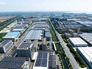 Overlooking warehouses and container trucks