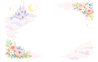 Fairytale castle and floral border on cloudy background with moon and stars