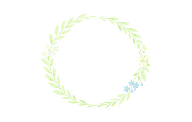 Delicate floral wreath with green leaves and blue flowers on white background
