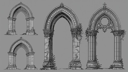 Collection of ornate gothic arches, detailed stone carvings, ancient architectural elements