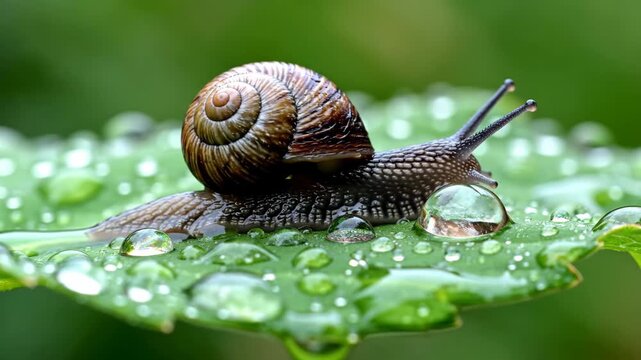 Snail crawling slowly on dewy green leaf in macro tracking shot. Close-up nature footage showing garden snail with spiral shell moving across wet foliage in natural habitat.