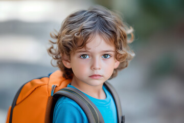 Exhausted School Boy Orange Backpack Blue Eyes Curly Hair