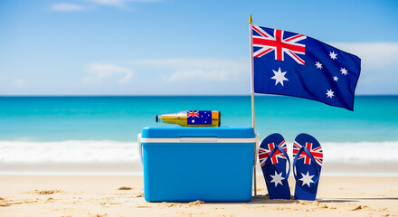 Australian national holiday celebration concept featuring cool drinks and patriotic beach accessories set against a vibrant tropical ocean background