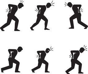 Silhouette illustrations of a person experiencing back pain in various poses