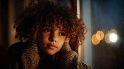 Thoughtful Black Girl Curly Hair Hands Cheeks Window Light