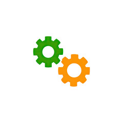 Obraz premium Brightly colored mechanical gear icons overlapping against a stark, black background