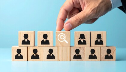 Hand placing a red leader icon at the top of a wooden block pyramid symbolizing corporate hierarchy and leadership