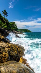 Tropical Coastline Splendor - Waves Crashing on Rocky Shore in Paradise.