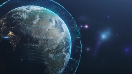 Photorealistic Earth globe with glowing digital orbits and data rings against a deep cosmic starfield - Powered by Adobe