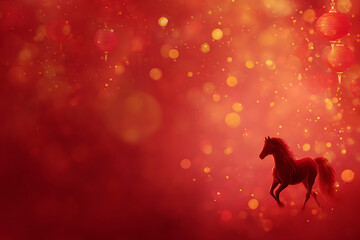 chinese new year celebrations, year of the horse themed composition features red lanterns, prosperity coins, subtle fireworks confetti, gold and red tones, and space for text