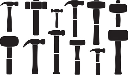 Fototapeta premium Hammer Silhouettes Set Black Vector Collection Construction Tool Icons Pack