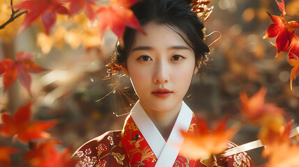 Beautiful Asian Woman in Traditional Kimono with Autumn Leaves,  Cultural Elegance