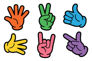 Obraz premium Hand Gestures set featuring playful cartoon peace sign thumbs up and rock on