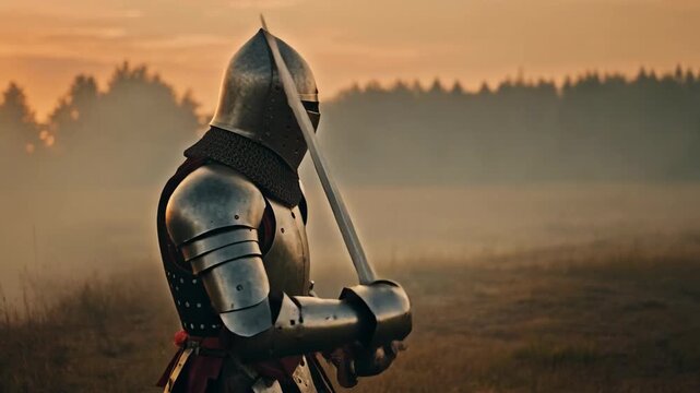 Side view medieval knight holding sword