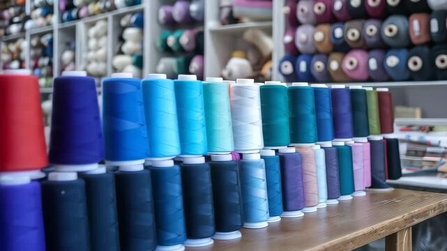 Spools of thread arranged in neat rows on a wooden table with blurred shelves of sewing supplies in the background, conveying a craft workshop atmosphere and a broad palette of textile colors and reta