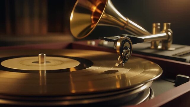 Vintage gramophone spinning a golden record with needle vibrating, warm ambient lighting, 4K.