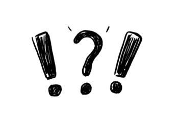 Bold white exclamation marks and a question mark on a stark black backdrop