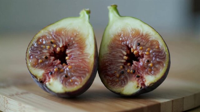 Fresh Figs Cut in Half on Wooden Board.
