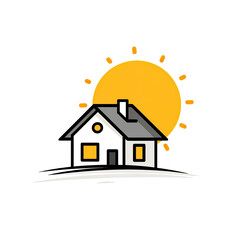 Naklejka premium Cartoon illustration of a white house with grey roof and sunshine in the backdrop