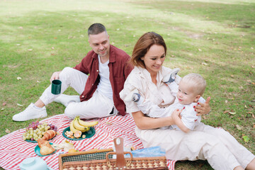 Family enjoying outdoor picnic on green grass