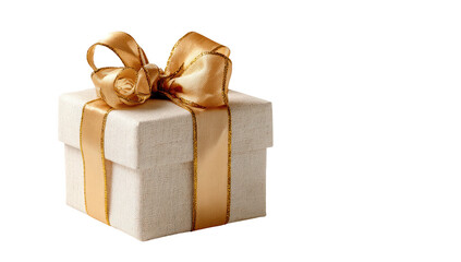 Obraz premium A neutral-toned gift box adorned with a shimmering gold bow, on a stark black backdrop