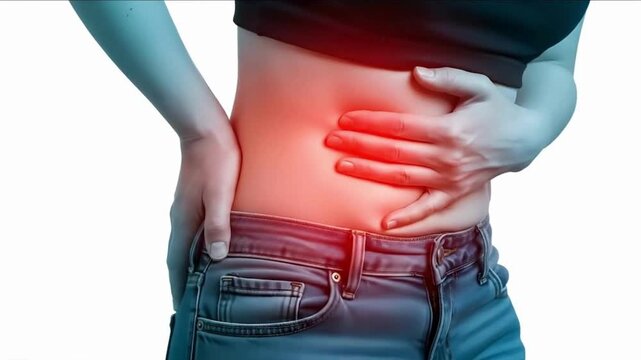 Medical Lower Right Abdominal Pain Woman with Red Glowing Inflammation Spot Appendix or Kidney