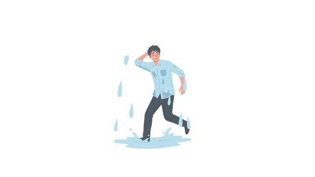 Young Man Walking Alone In Rain