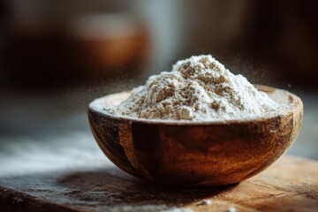 Simple farmhouse style bowl of flour in a wooden dish, soft shadows, inviting baking scene
