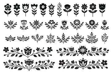 Black floral folk elements set in Scandinavian style. Hand drawn decorative flowers and branches, minimal hygge silhouettes for spring and Easter design, folk art ornaments and borders.